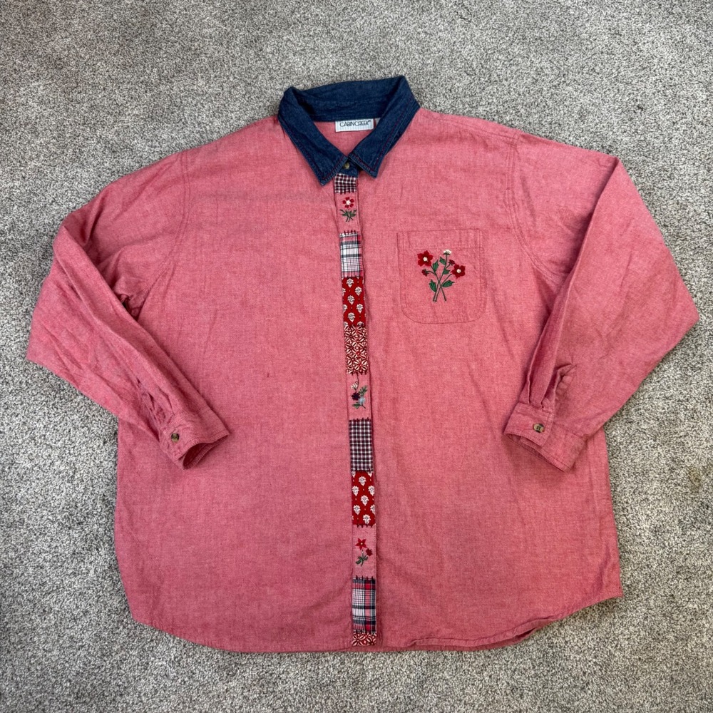 Cabin Creek Womens 22W Red Cotton Button Down Floral Patchwork Denim Collar Top
